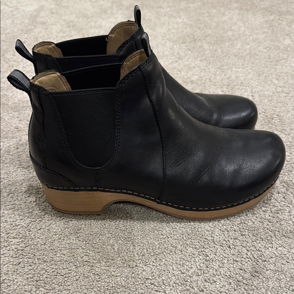 Dansko Black Leather Ankle Booties with Tan Wood-Look Heel
